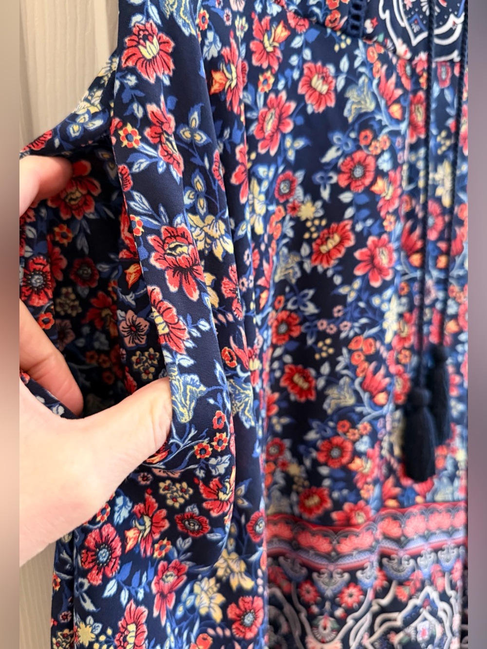 Xhilaration Navy Floral Boho Mini Dress Tassel Tie Smocked Pockets XS - Picture 9 of 16